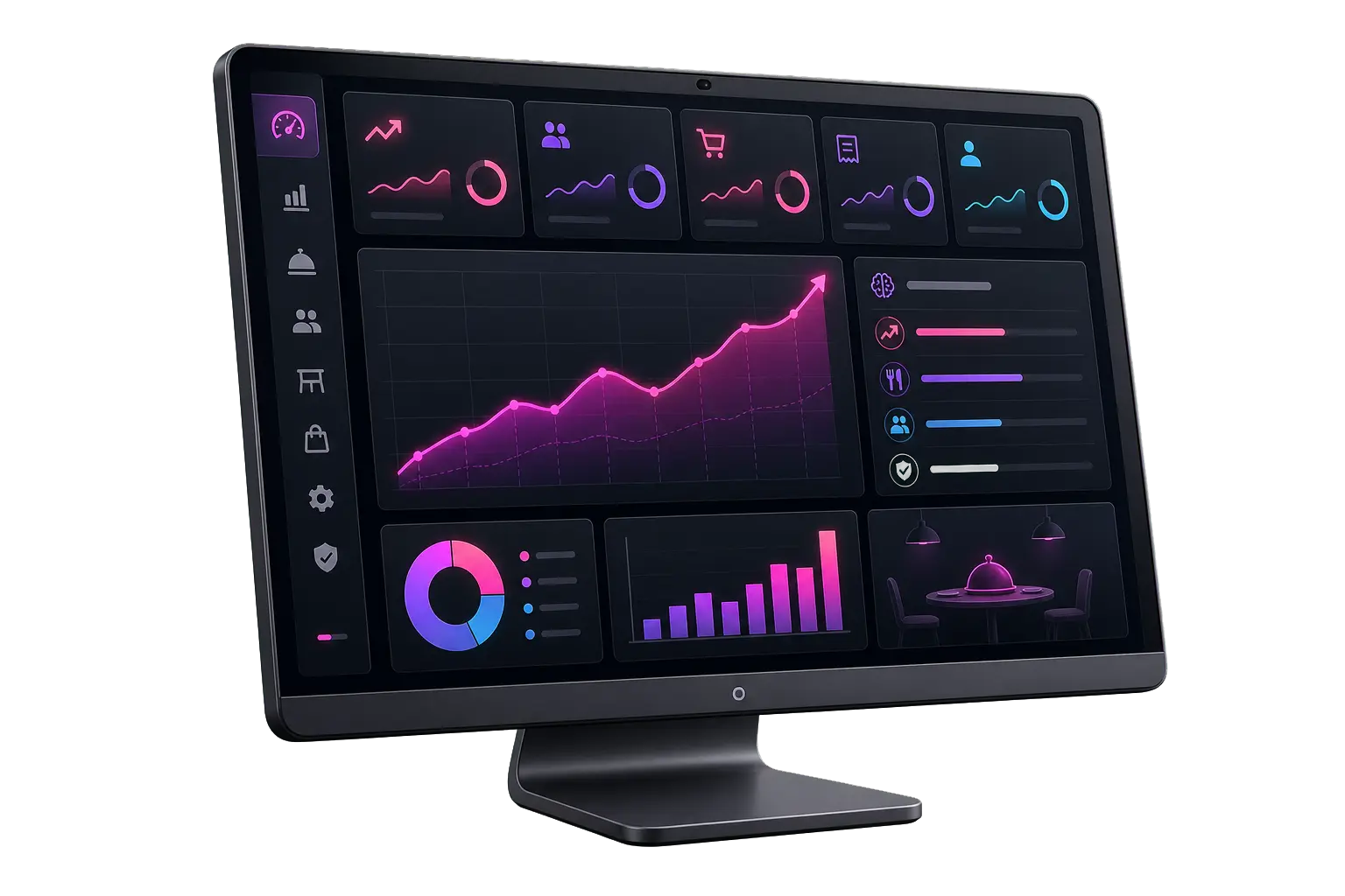 Monitor con dashboard inteligente de indicadores clave, tendencias y analítica de éxito para restaurantes